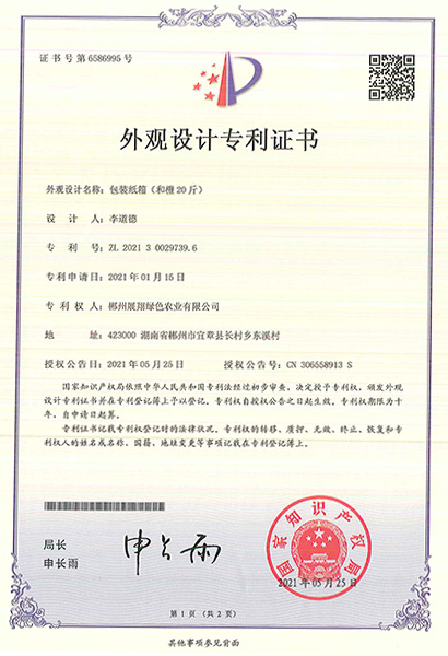 Appearance design patent certificate + packaging carton (20 kg of orange)